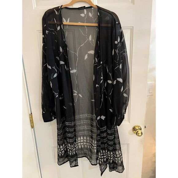 2X Black and White Leaf Vine Shift Dress Sheer Chiffon Button Up Flowy Boho - Picture 7 of 10